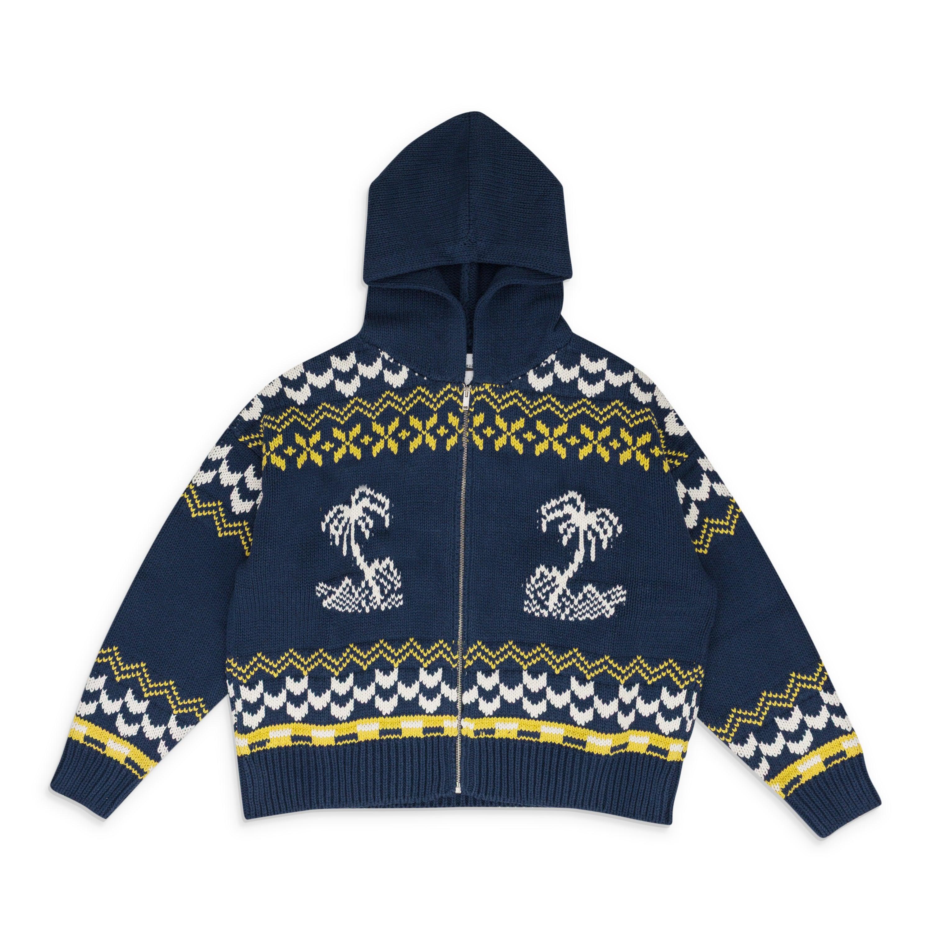 NAVY PALMA KNIT ZIP-UP SWEATER by RHUDE