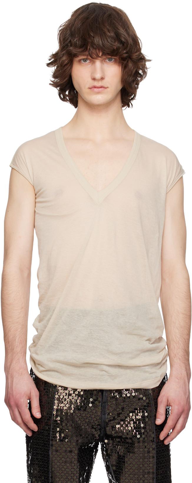 Beige Temple Deep V SL T-shirt by RICK OWENS