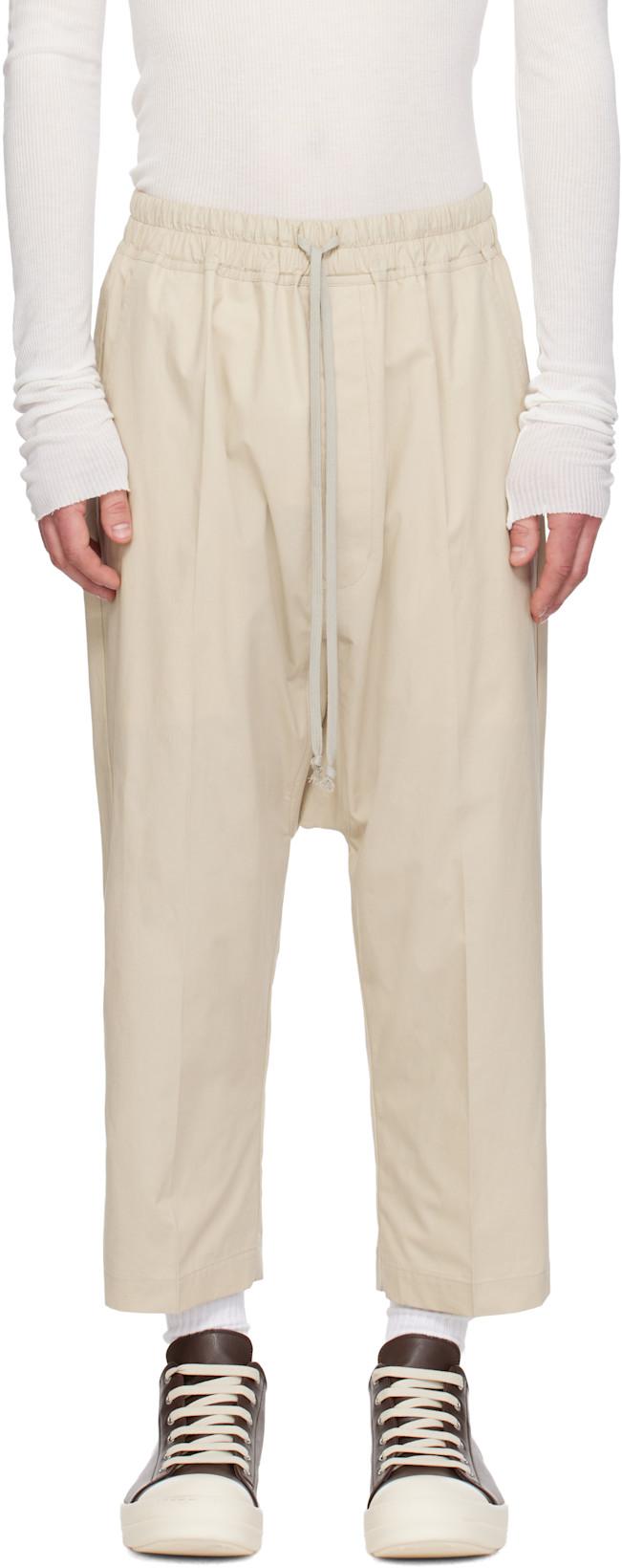 Beige Temple Drawstring Cropped Trousers by RICK OWENS