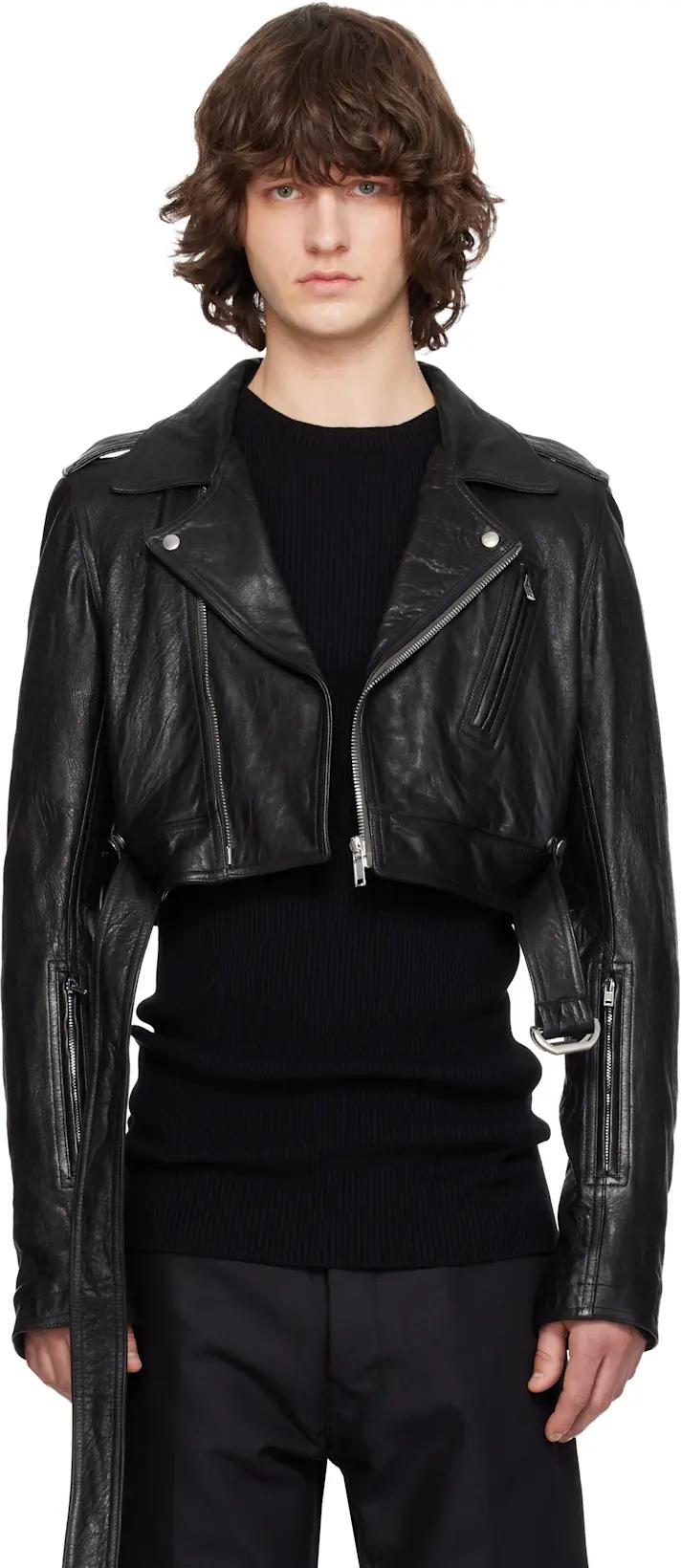 Black Temple Cropped Luke's Stooges Leather Jacket by RICK OWENS