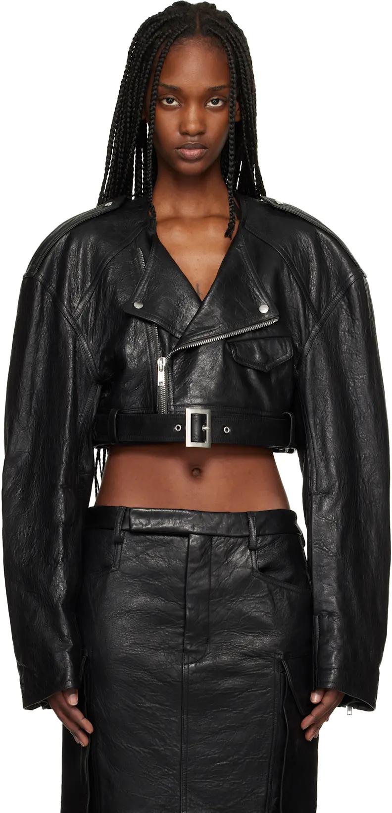 Black Temple Micro Leather Biker Jacket by RICK OWENS