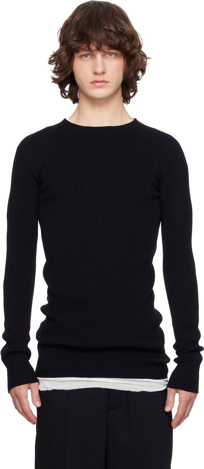 Black Temple Ribbed Round Neck Sweater by RICK OWENS
