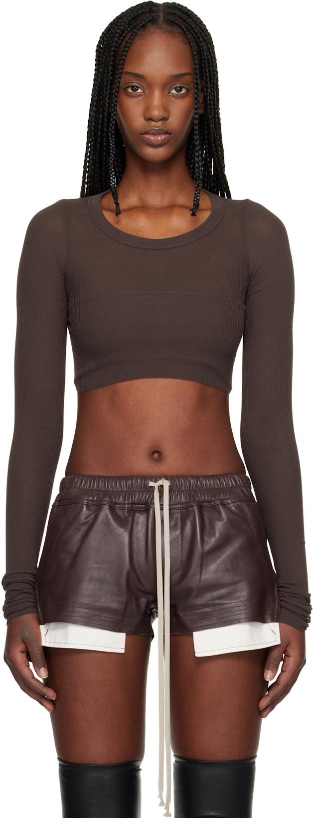 Brown LS Crop T-shirt by RICK OWENS