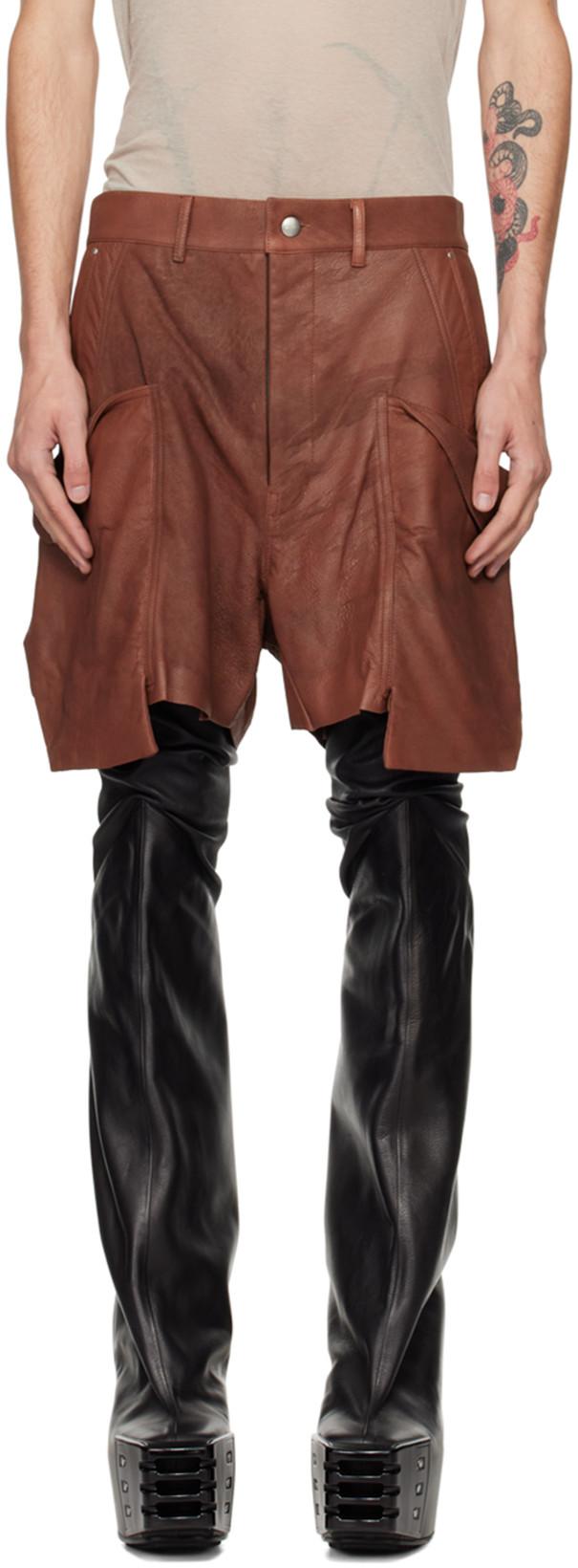 Brown Porterville Stefan Cargo Leather Shorts by RICK OWENS