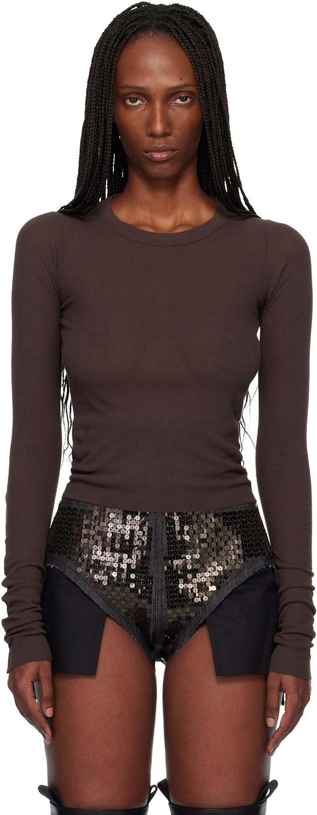 Brown Temple Cropped Rib LS T-shirt by RICK OWENS