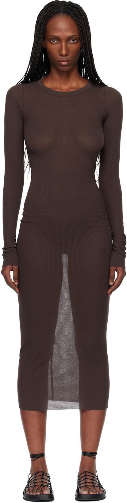 Brown Temple Rib LS Midi Dress by RICK OWENS