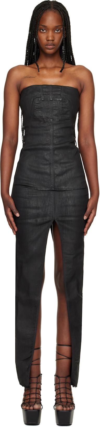 Black Temple Sliced Bustier Denim Maxi Dress by RICK OWENS DRKSHDW