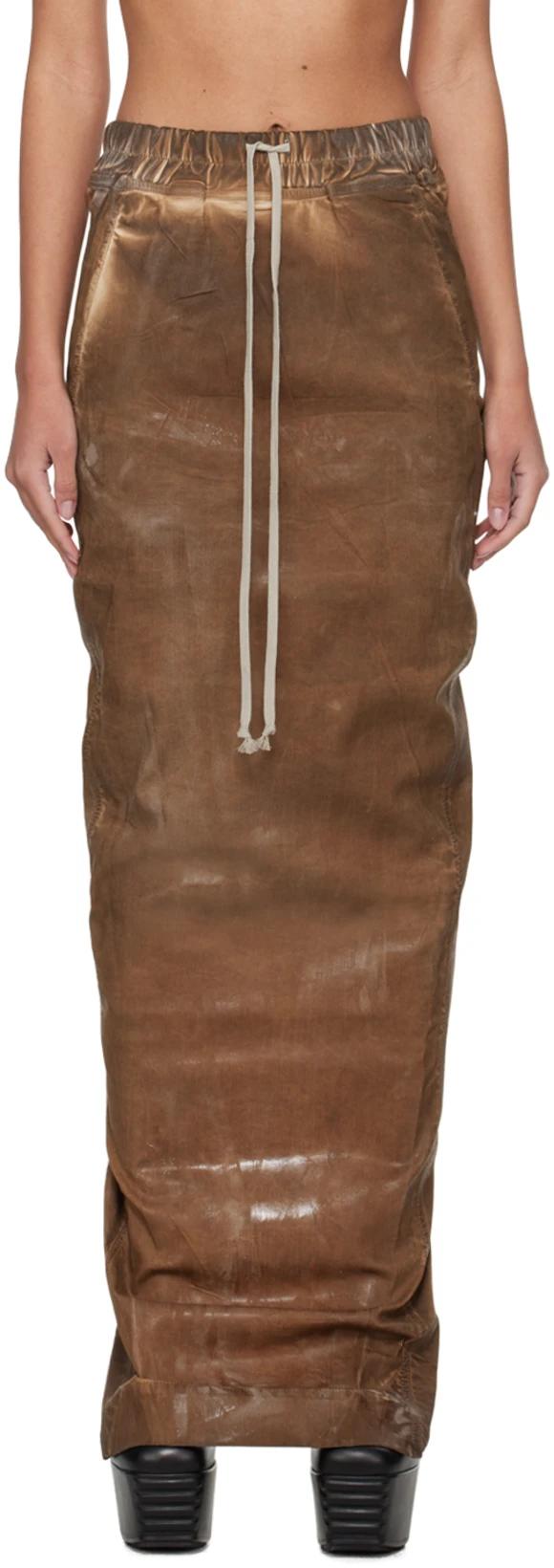 Brown Pull On Pillar Denim Maxi Skirt by RICK OWENS DRKSHDW