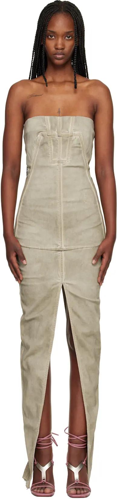 Taupe Temple Sliced Bustier Denim Maxi Dress by RICK OWENS DRKSHDW