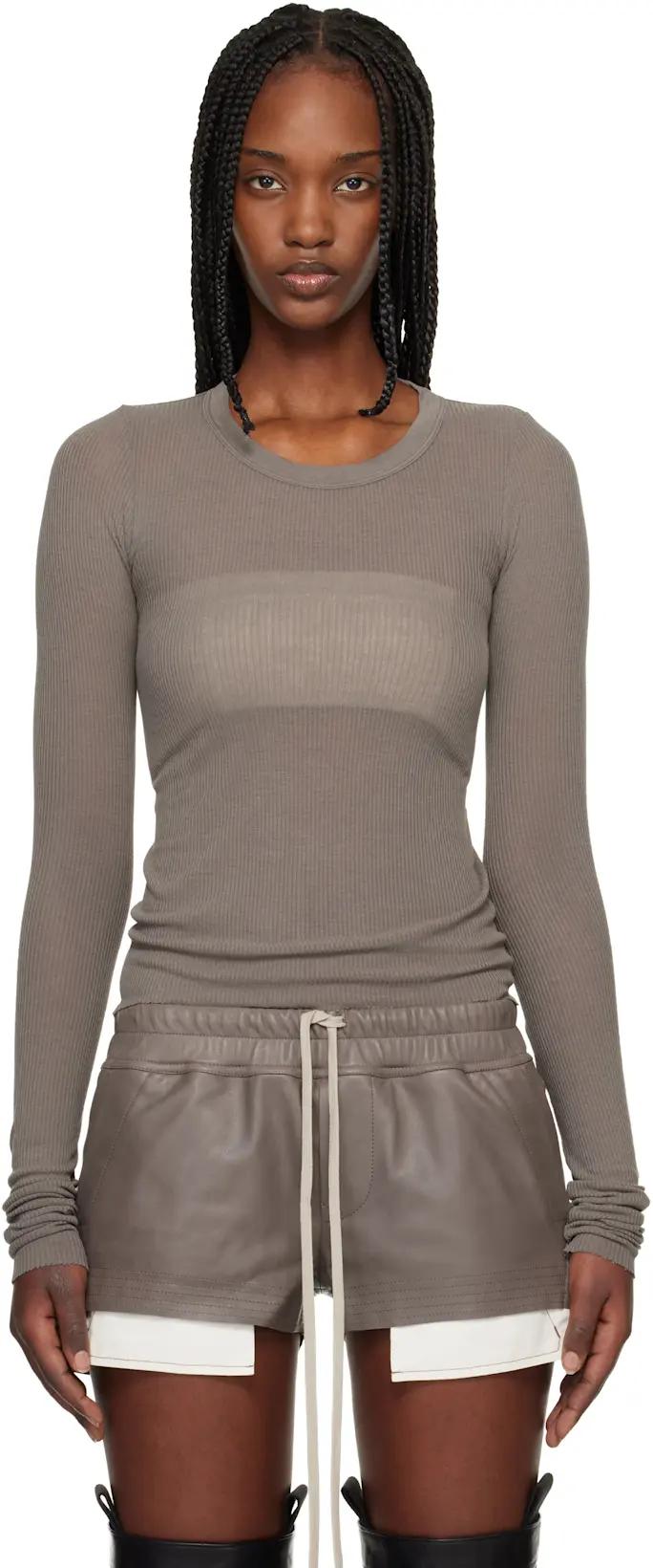 Gray Temple Cropped Rib LS T-shirt by RICK OWENS