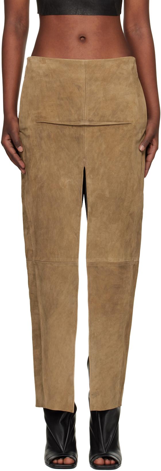 Tan Temple Sliced Suede Midi Skirt by RICK OWENS
