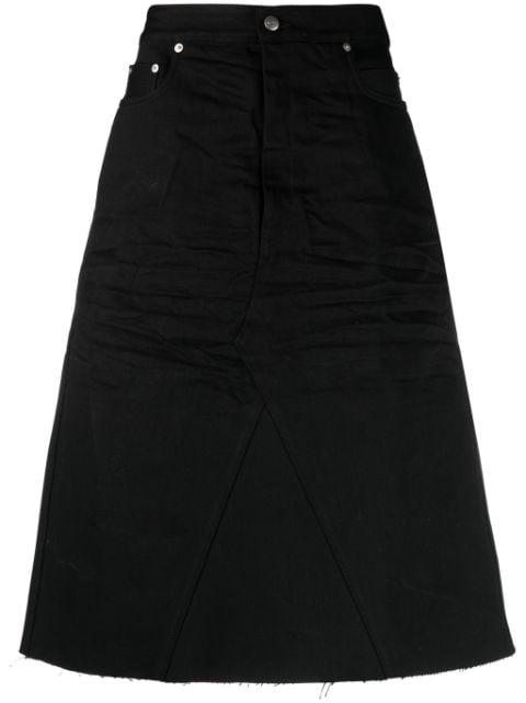 distressed-finish knee-length denim skirt by RICK OWENS