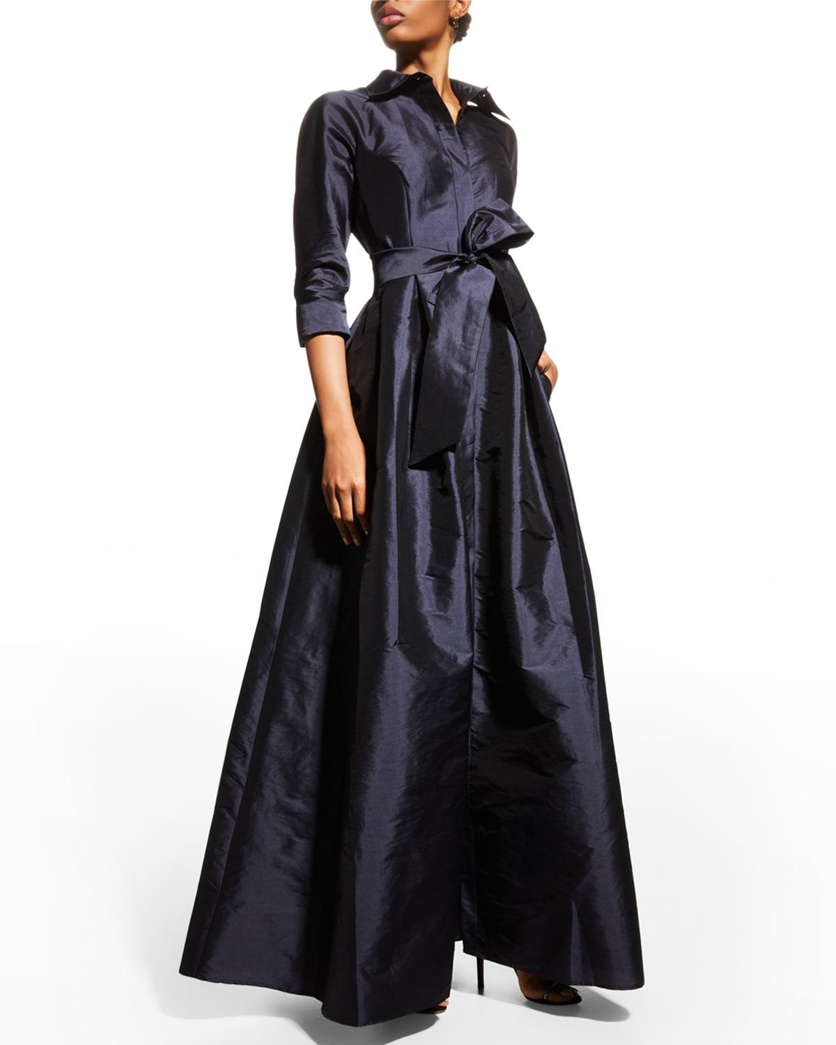 3/4-Sleeve Taffeta Shirtdress Gown by RICKIE FREEMAN FOR TERI JON