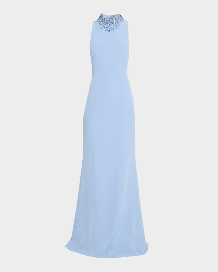 Beaded Mock-Neck Crepe Trumpet Gown by RICKIE FREEMAN FOR TERI JON