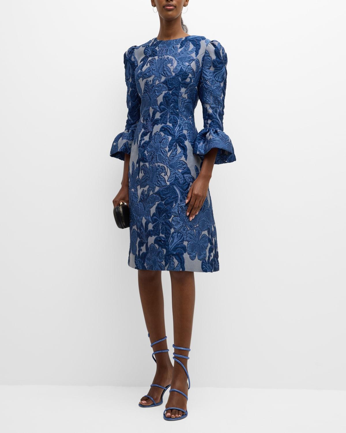 Bell-Sleeve Floral Jacquard Midi Dress by RICKIE FREEMAN FOR TERI JON Bell-Sleeve Floral Jacquard Midi Dress by RICKIE FREEMAN FOR TERI JON