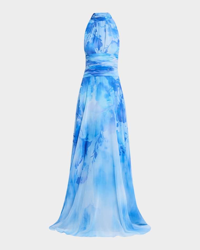 Cloud-Print Chiffon Halter Gown by RICKIE FREEMAN FOR TERI JON