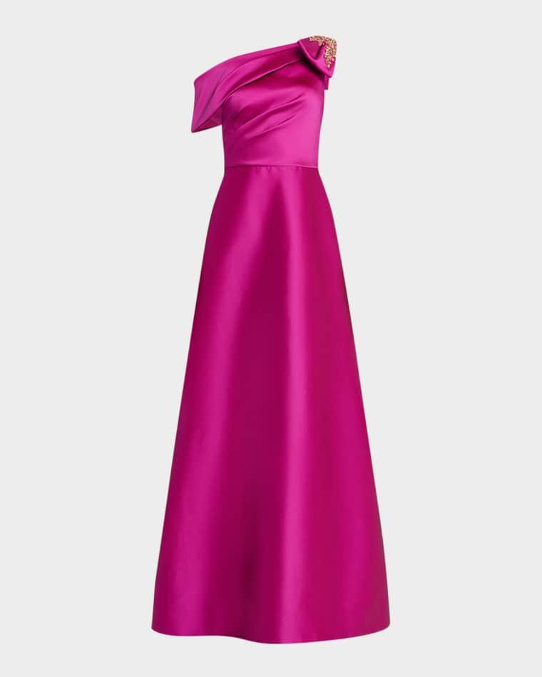 Draped One-Shoulder Bow Gown by RICKIE FREEMAN FOR TERI JON