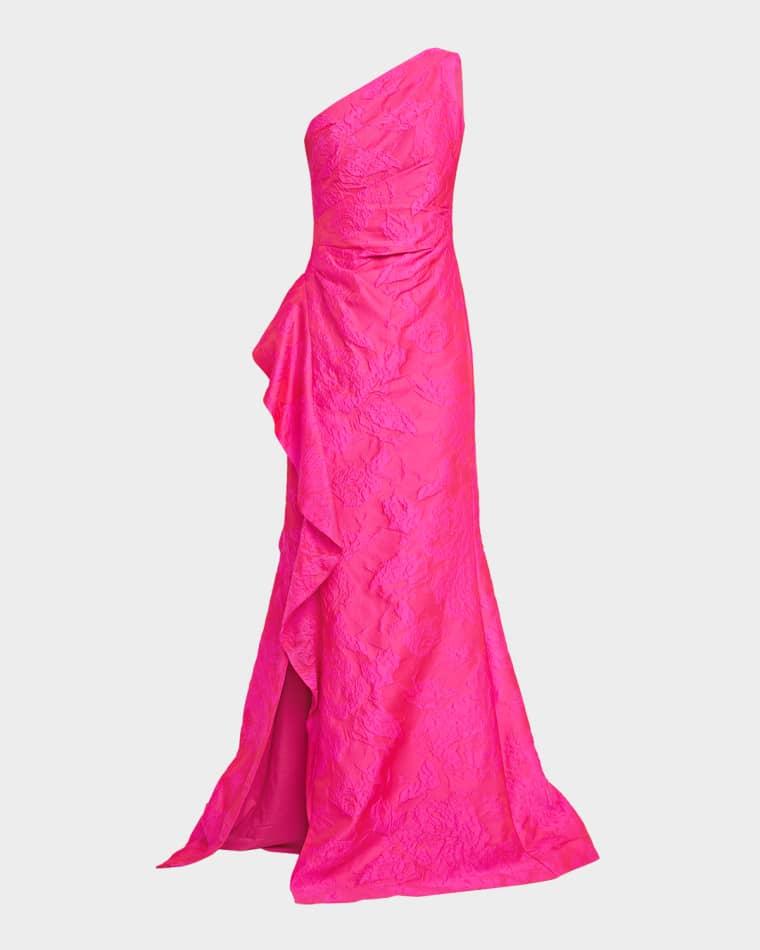 Draped One-Shoulder Jacquard Mermaid Gown by RICKIE FREEMAN FOR TERI JON