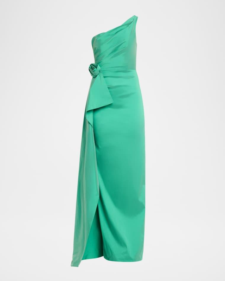 Draped One-Shoulder Taffeta Column Gown by RICKIE FREEMAN FOR TERI JON