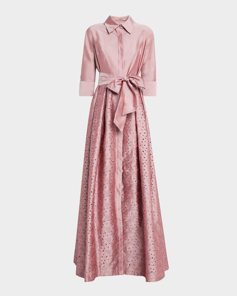 Floral-Embroidered Eyelet Taffeta Shirt Gown by RICKIE FREEMAN FOR TERI JON