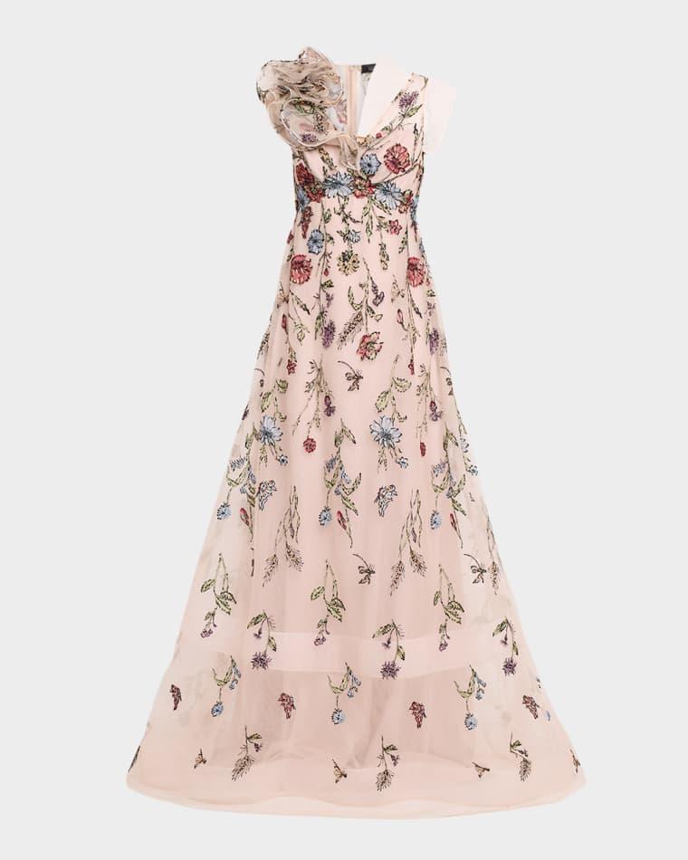 Floral-Embroidered Tulle Gown by RICKIE FREEMAN FOR TERI JON