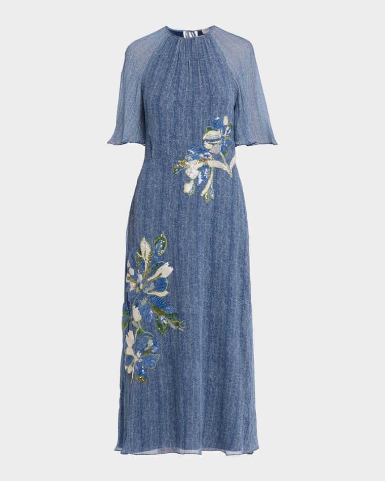 Floral Embroidery Flutter-Sleeve Midi Dress by RICKIE FREEMAN FOR TERI JON