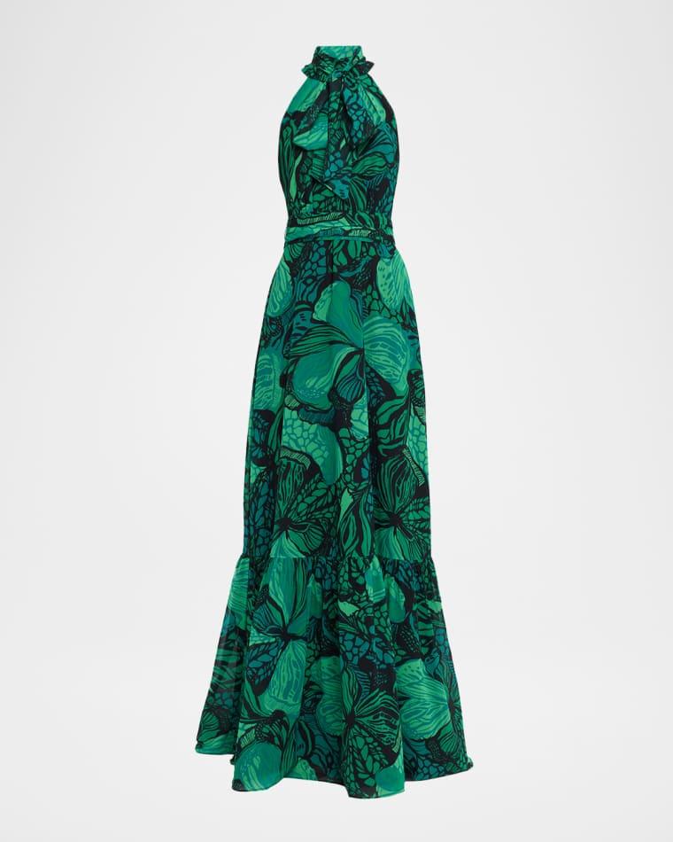 Floral-Print Chiffon Halter Gown by RICKIE FREEMAN FOR TERI JON