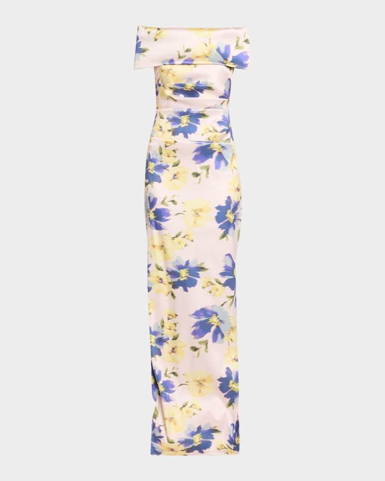 Floral-Print Mikado Column Gown by RICKIE FREEMAN FOR TERI JON