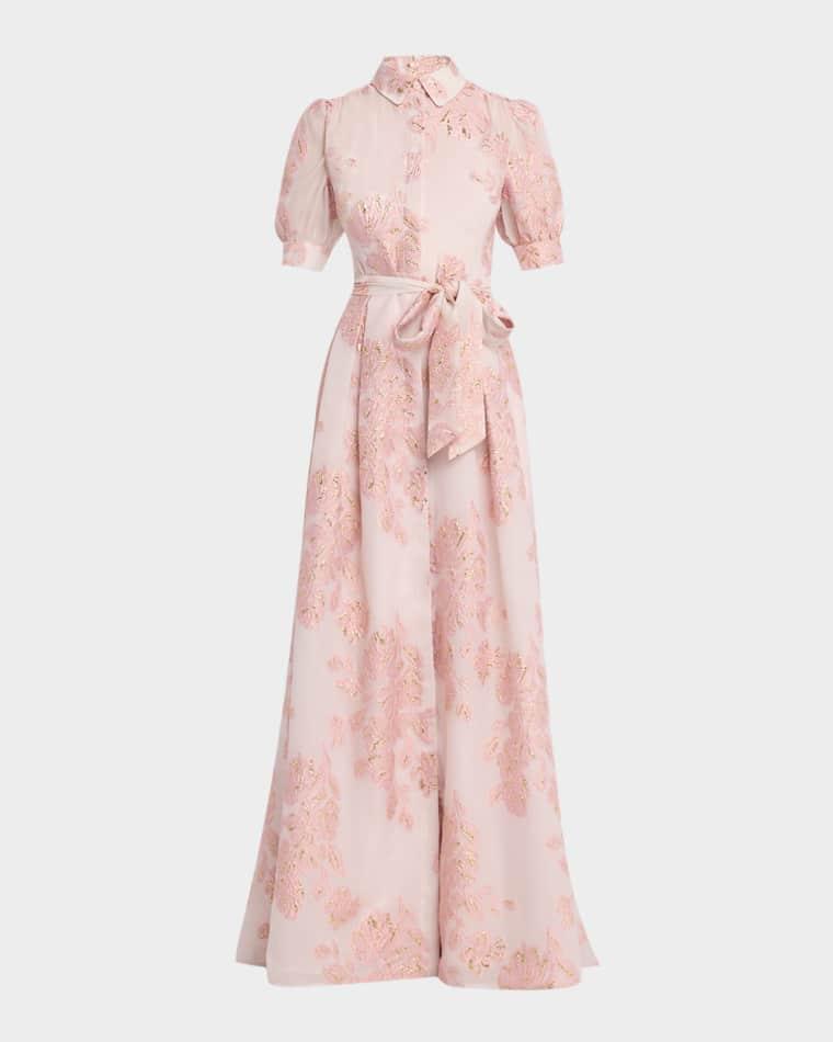 Jacquard Short-Sleeve Collared Gown by RICKIE FREEMAN FOR TERI JON