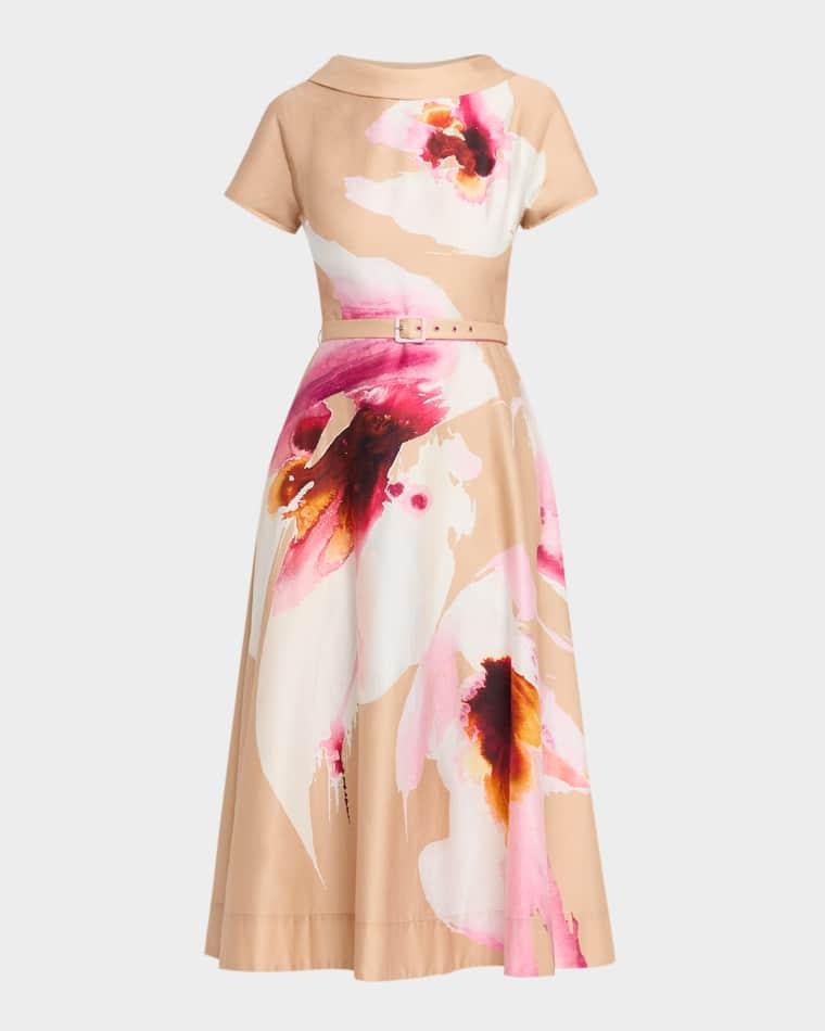 Large Bloom Belted Cotton Midi Dress by RICKIE FREEMAN FOR TERI JON