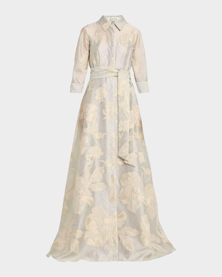 Metallic Floral Jacquard Shirt Gown by RICKIE FREEMAN FOR TERI JON