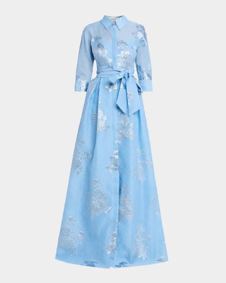 Metallic Jacquard Collared Long Dress by RICKIE FREEMAN FOR TERI JON