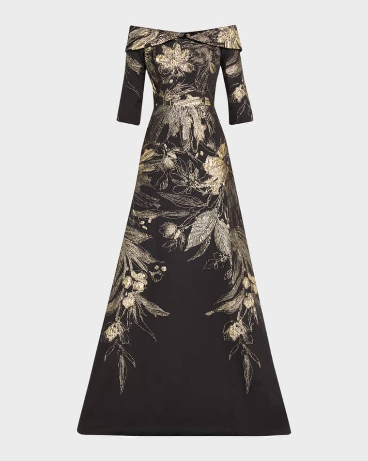 Metallic Jacquard Fold Off-the-Shoulder Gown by RICKIE FREEMAN FOR TERI JON