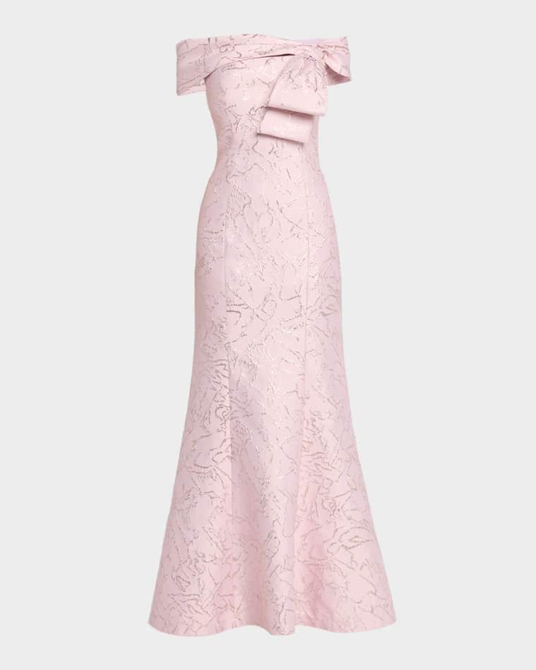 Metallic Jacquard Off-Shoulder Column Gown by RICKIE FREEMAN FOR TERI JON