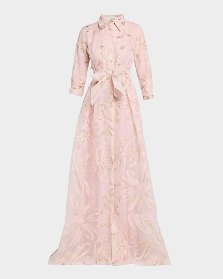 Metallic Organza Jacquard Shirt Gown by RICKIE FREEMAN FOR TERI JON