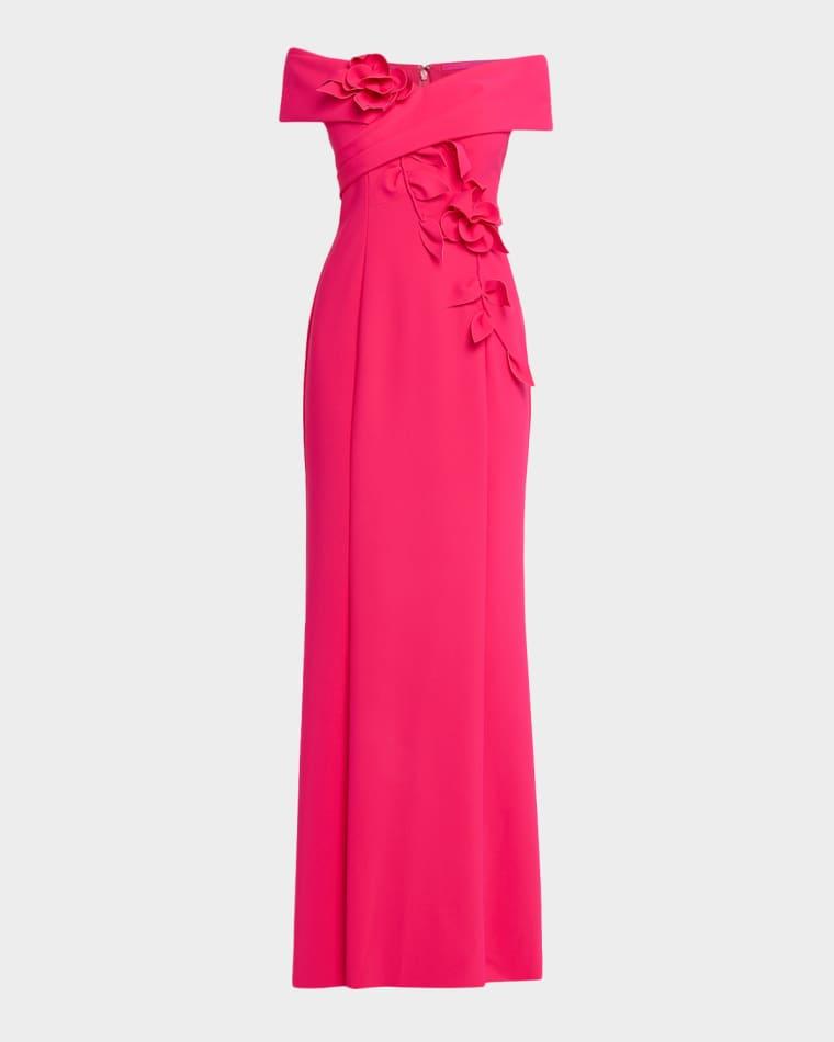 Off-Shoulder Floral Applique Scuba Gown by RICKIE FREEMAN FOR TERI JON