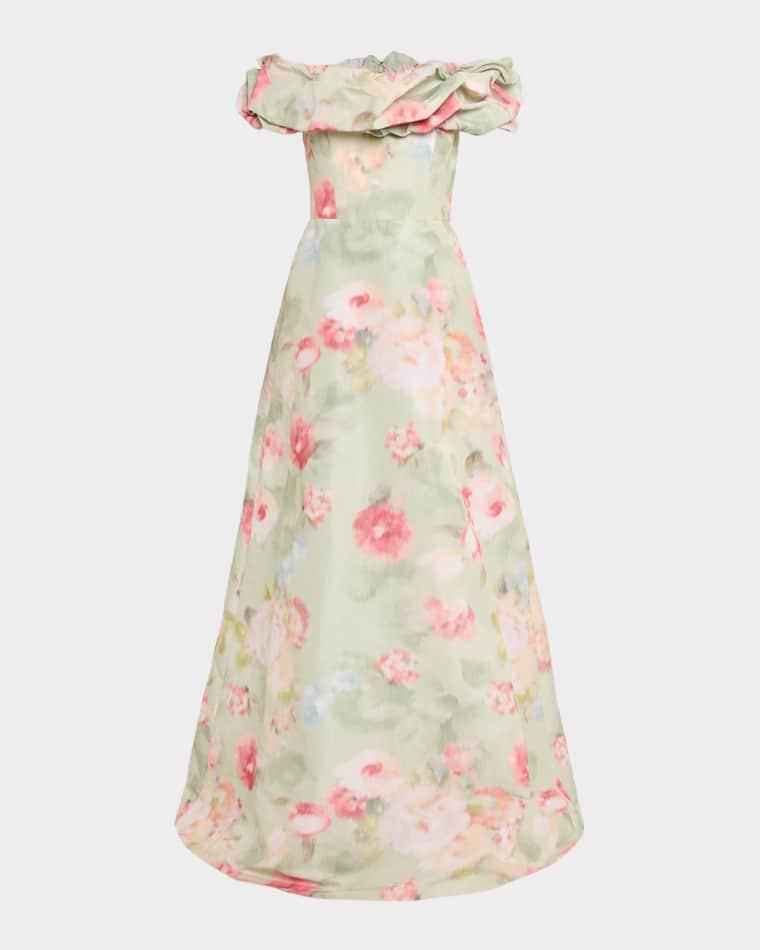Off-Shoulder Floral Taffeta Gown by RICKIE FREEMAN FOR TERI JON
