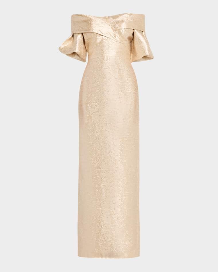 Off-Shoulder Metallic Jacquard Column Gown by RICKIE FREEMAN FOR TERI JON