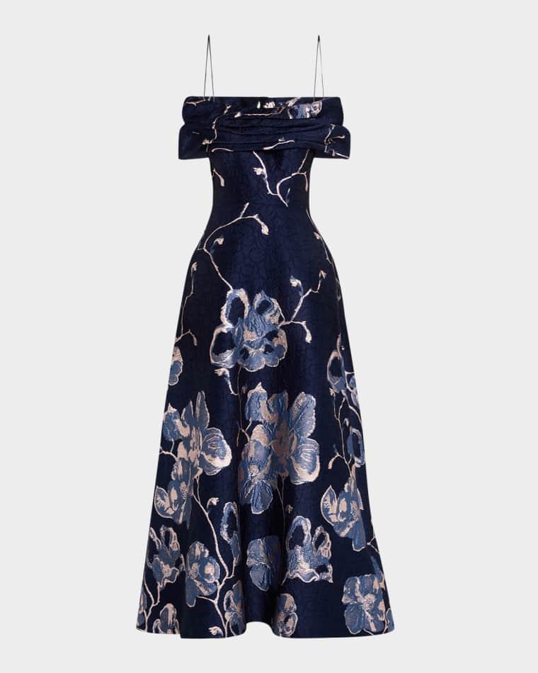 Off-Shoulder Metallic Jacquard Gown by RICKIE FREEMAN FOR TERI JON