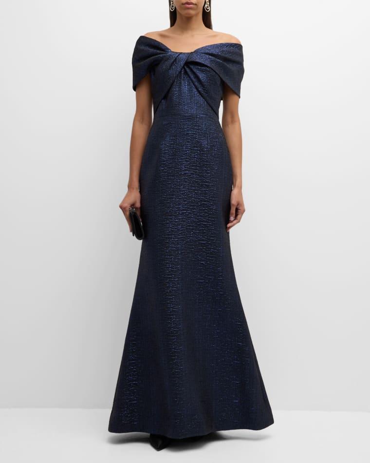 Off-Shoulder Metallic Jacquard Mermaid Gown by RICKIE FREEMAN FOR TERI JON