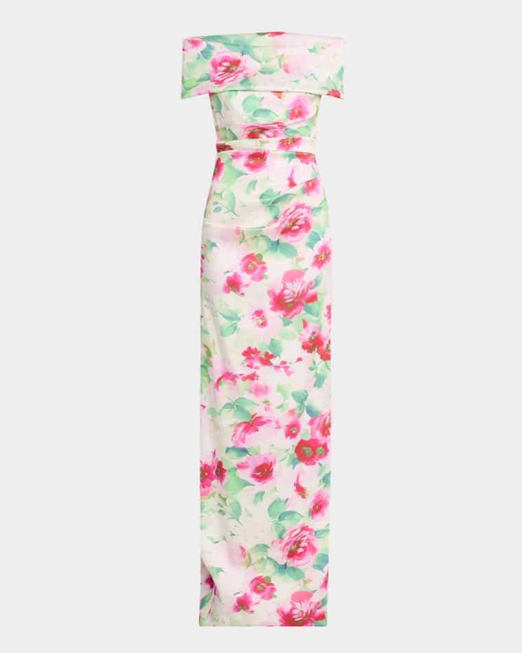 Off-Shoulder Pleated Mikado Column Gown by RICKIE FREEMAN FOR TERI JON