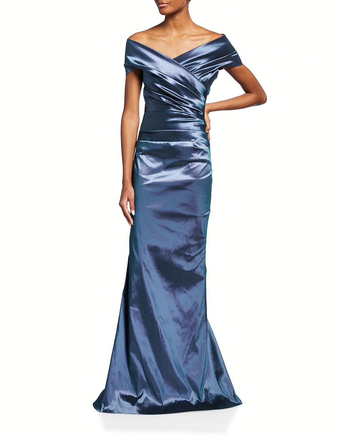 Off-Shoulder Ruched Taffeta Gown by RICKIE FREEMAN FOR TERI JON