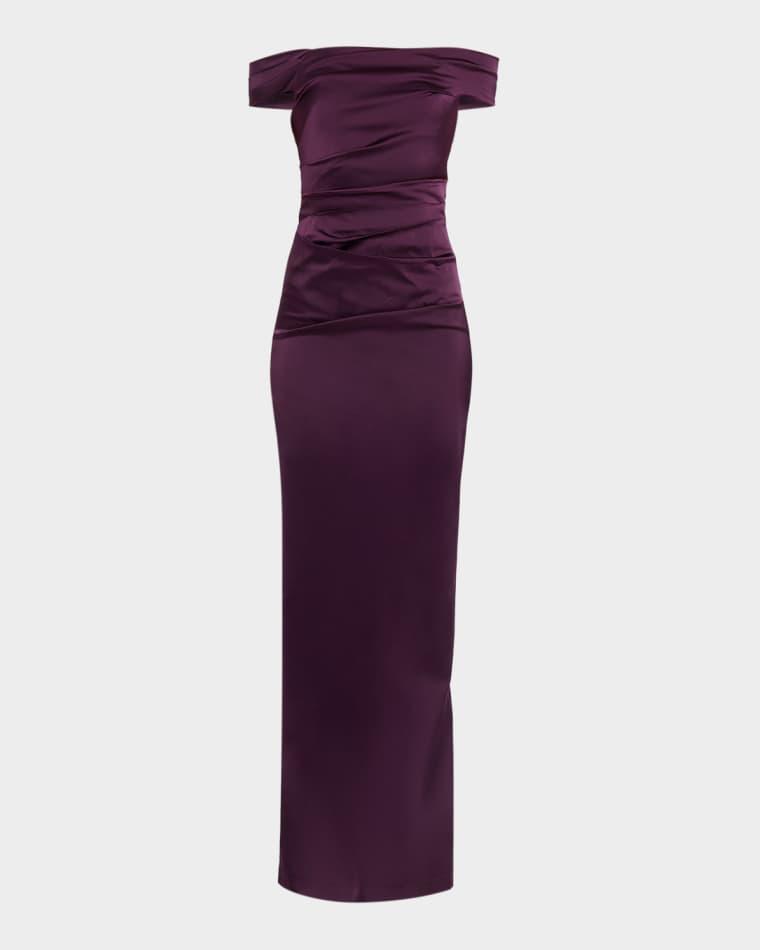 Off-Shoulder Satin Column Gown by RICKIE FREEMAN FOR TERI JON