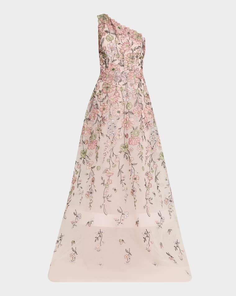 One-Shoulder Embroidered Tulle Gown by RICKIE FREEMAN FOR TERI JON