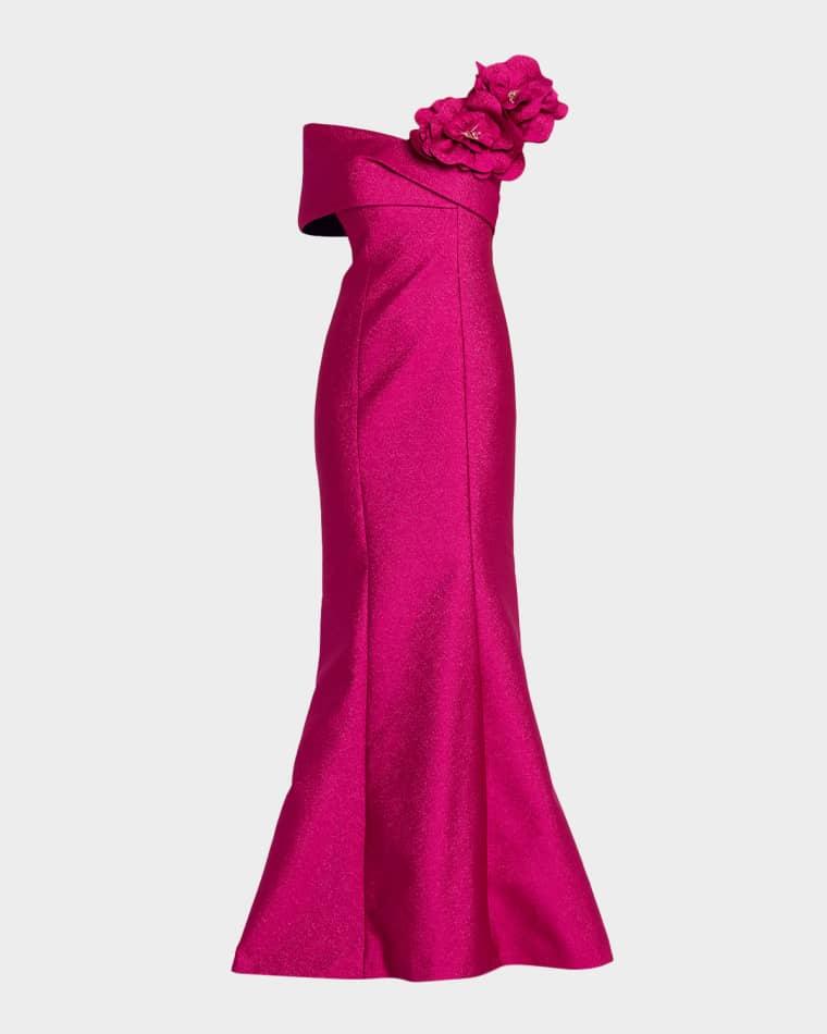 One-Shoulder Floral Applique Mermaid Gown by RICKIE FREEMAN FOR TERI JON