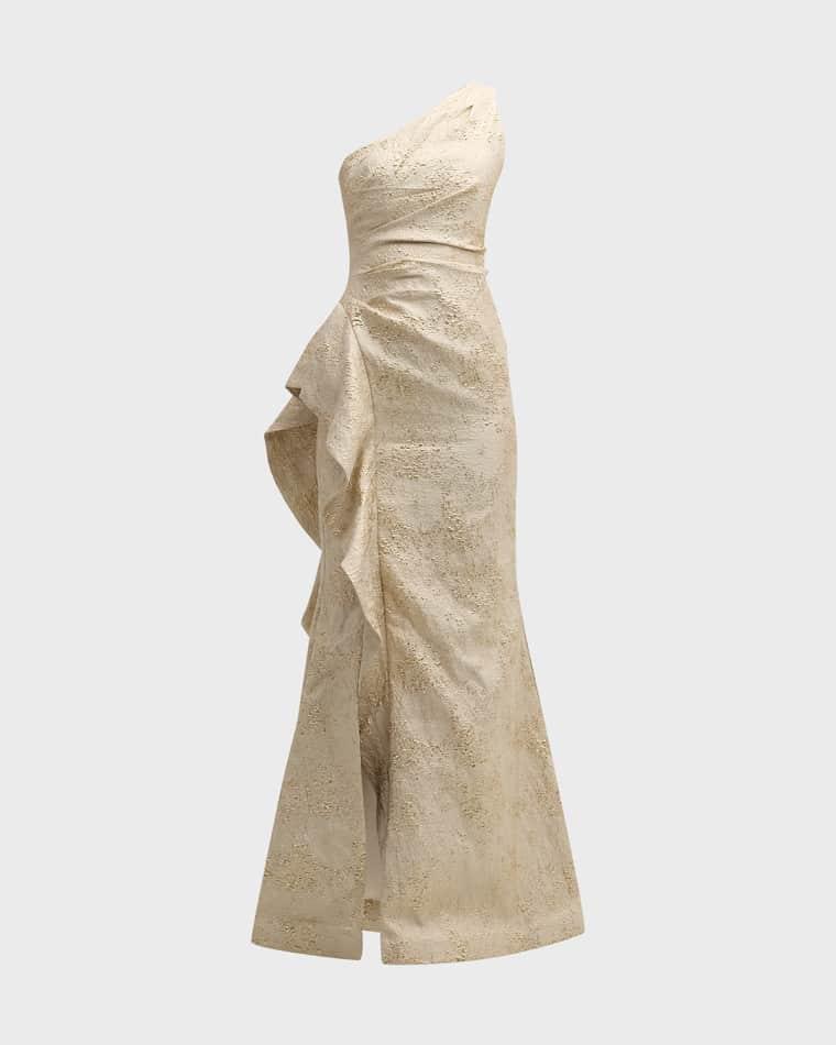 One-Shoulder Jacquard Side-Ruffle Gown by RICKIE FREEMAN FOR TERI JON