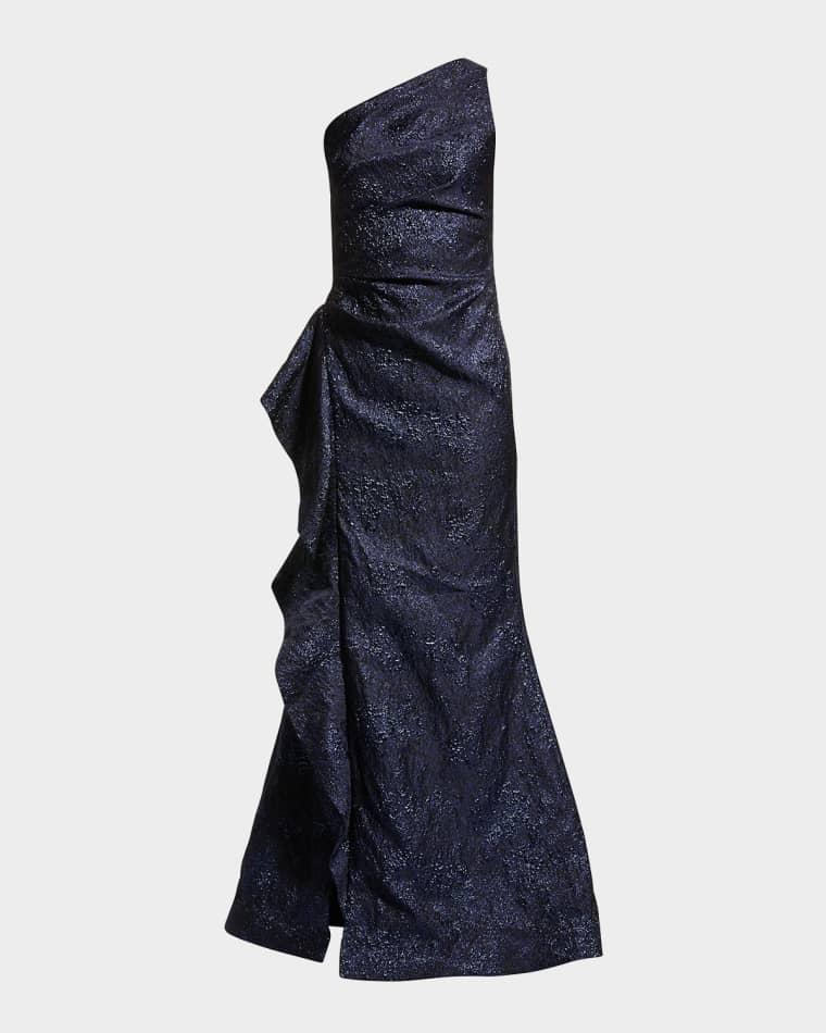 One-Shoulder Jacquard Side-Ruffle Gown by RICKIE FREEMAN FOR TERI JON