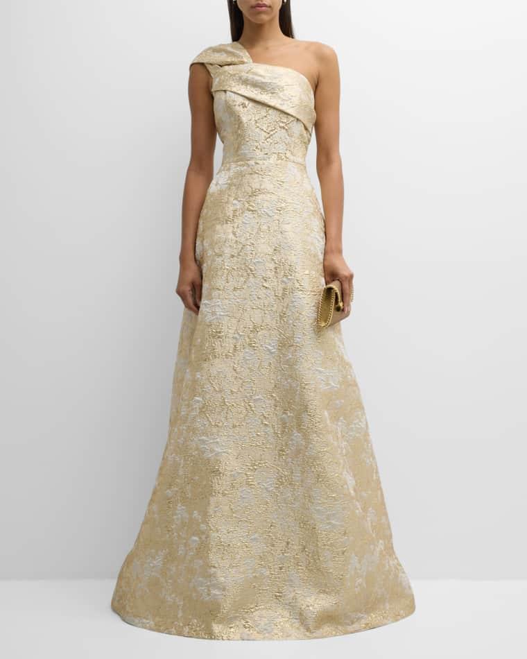 One-Shoulder Metallic Jacquard A-Line Gown by RICKIE FREEMAN FOR TERI JON