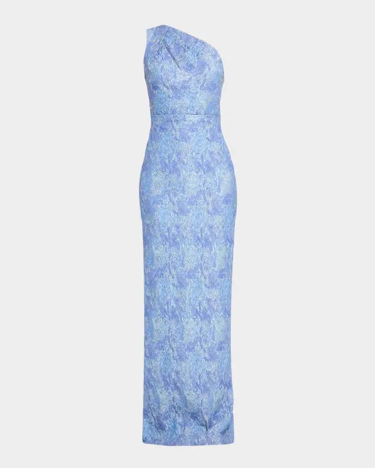 One-Shoulder Metallic Jacquard Column Gown by RICKIE FREEMAN FOR TERI JON