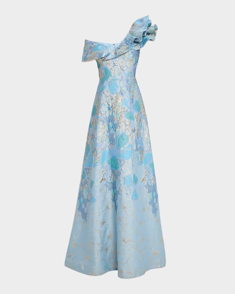 One-Shoulder Metallic Jacquard Gown by RICKIE FREEMAN FOR TERI JON
